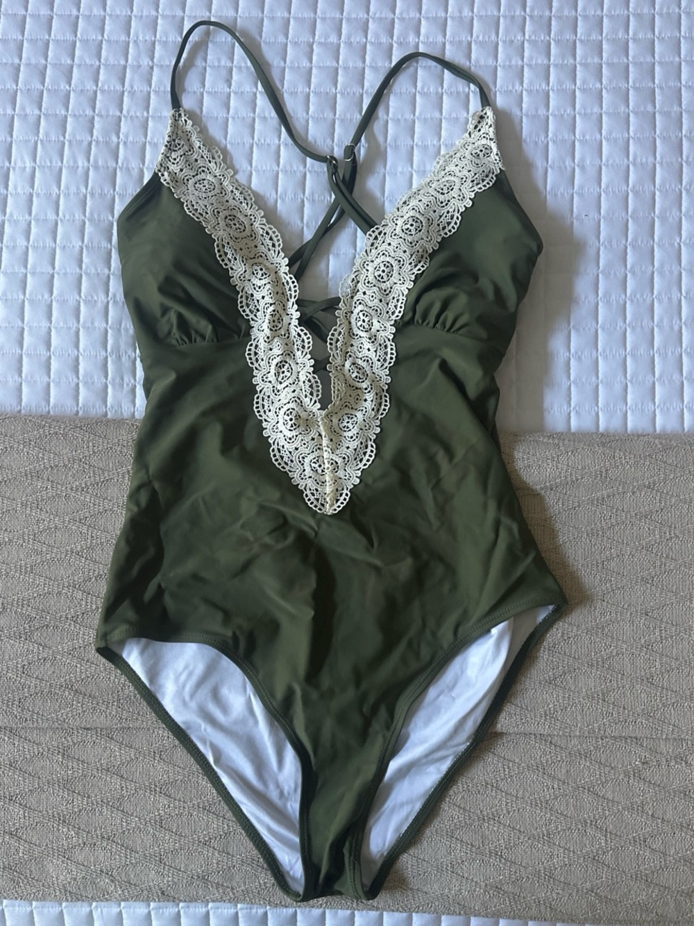 Cupshe Olive Green One-Piece Swimsuit with Ivory Lace Trim